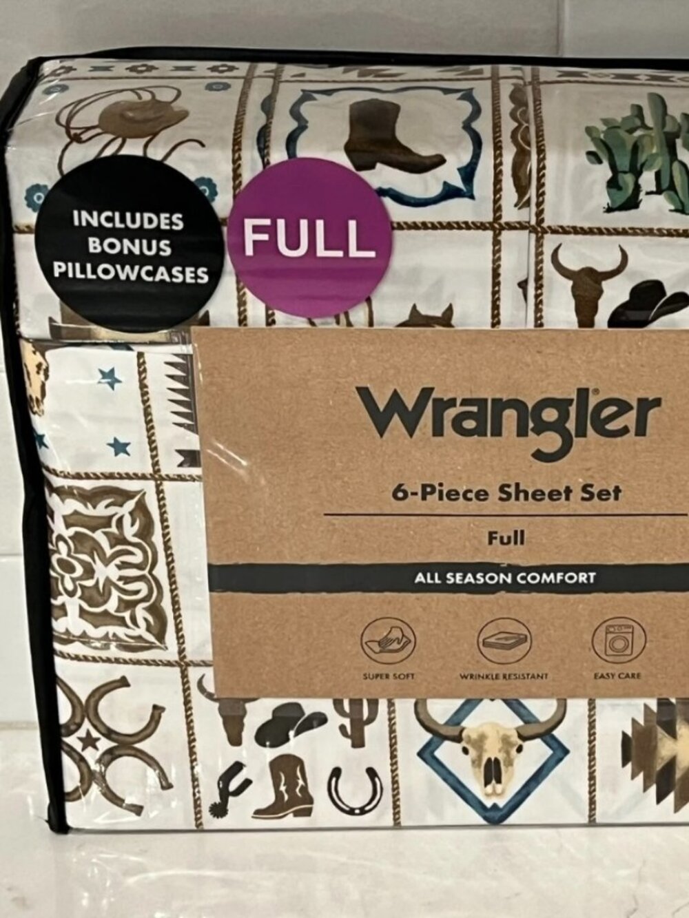 WRANGLER FULL Sheet Set 6pc New White Brown Tiles Western Cowboy Boots Hat Horse